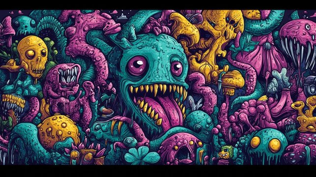 Colorful and bizarre monster mashup scene is visually interesting