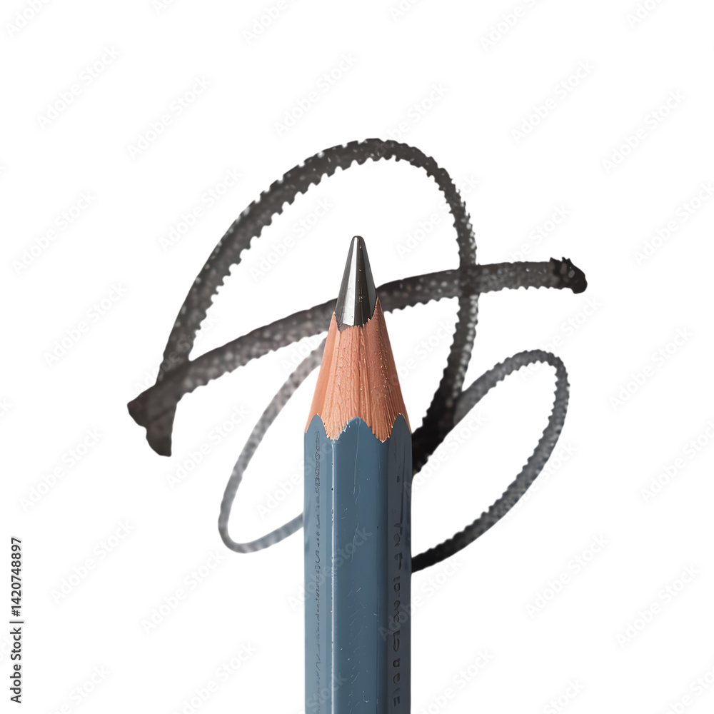 Poster artistic expression with a blue pencil creating abstract sketches against a clean background during 