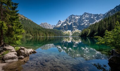 Naklejka premium Serene mountain lake reflecting peaks (1)