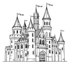 Fototapeta premium Medieval Castle Illustration: A majestic medieval castle with towering turrets, ornate windows, and a grand entrance gate, depicted in a classic black and white line drawing style.
