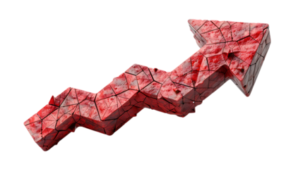 Cracked red arrow pointing upward with growth concept white or transparent background.