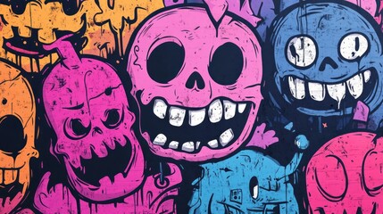 Obraz premium Colorful graffiti art features multiple cartoonish skull like characters