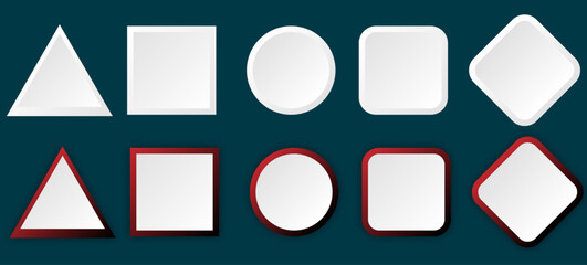Icon set with geometric 3d white, red gradient shape | Button set with luxury model for presentation, signal, business, decoration | Creative triangle, circle, square abstract shape