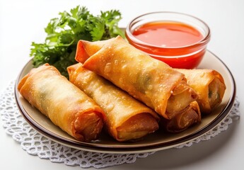 Freshly Made Golden Spring Rolls Served with Tangy Red Sauce and Garnished with Green Herbs on a White Plate for Culinary Delight