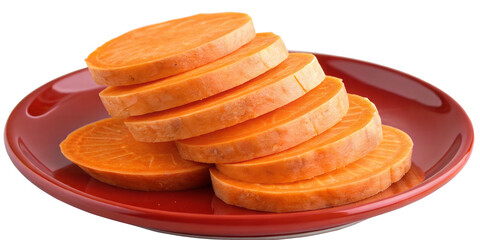 Sweet Potato Slices: A stack of vibrant orange sweet potato slices, neatly arranged on a rustic red plate, ready to be cooked or enjoyed raw.