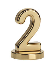 3d golden number 2 isolated on transparent background.