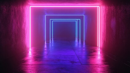 Futuristic neon illuminated corridor with vibrant pink and blue lights creating a mesmerizing effect, showcasing modern design and atmospheric ambiance