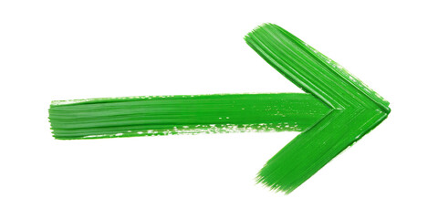 Green paint brush stroke arrow pointing right isolated on transparent background.