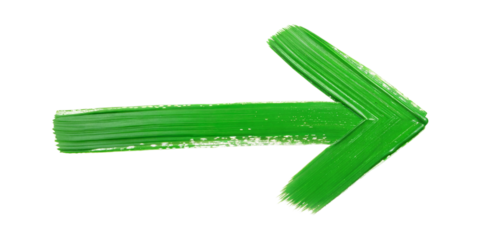 Green paint brush stroke arrow pointing right isolated on transparent background.