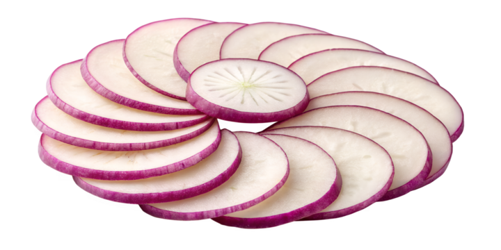 Sliced Radish Arrangement: A visually striking composition of thinly sliced radishes, artfully arranged to showcase their crisp texture and vibrant colors, making a perfect culinary detail.
