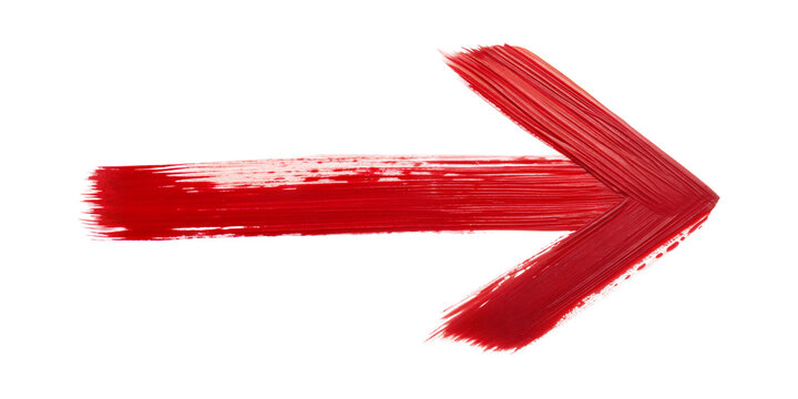 Red paint brush stroke arrow pointing right isolated on transparent background.