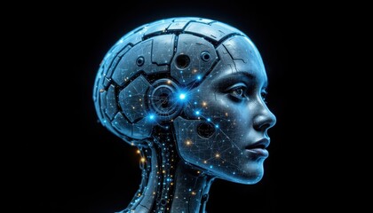 Robotic brain overlayed with labeled nodes showing real-time extracted features, intelligent automation concept, Machine Learning automation feature extraction concept, Generative AI.