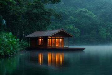 Fototapeta premium Tranquil lake house nestled in misty forest. Warm light illuminates the cabin, reflecting on the still water. Lush greenery surrounds the tranquil scene