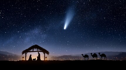 Fototapeta premium Silhouette nativity scene under a starry night sky with a comet