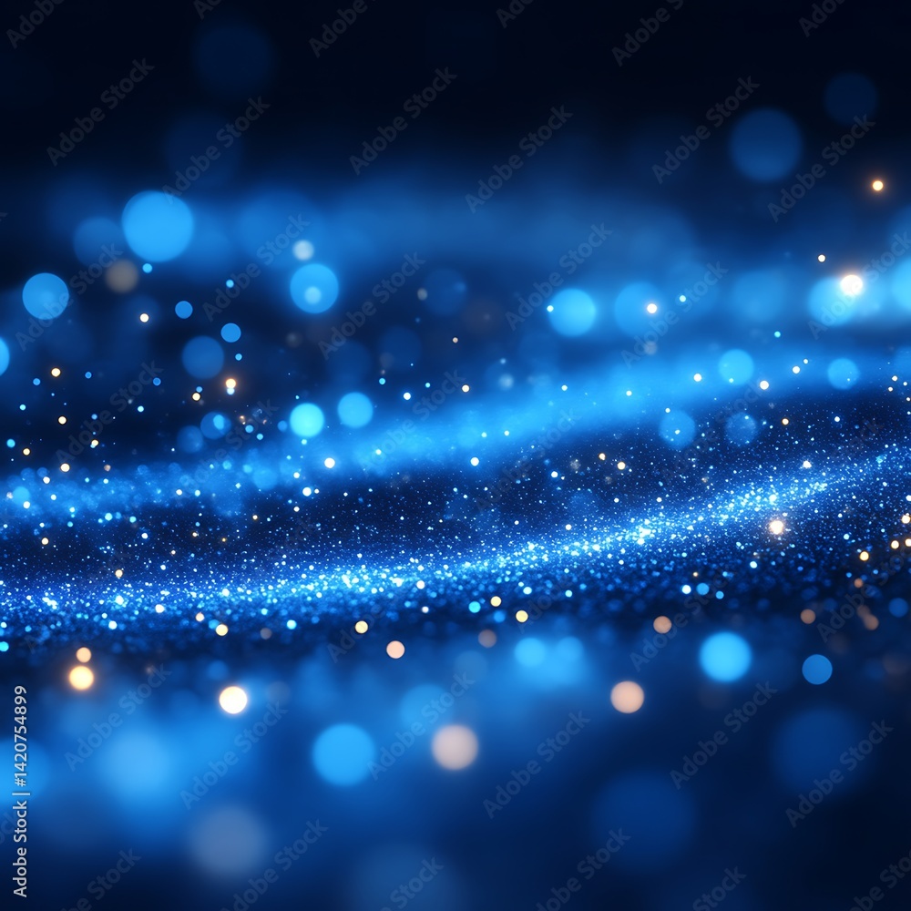 Poster abstract blue wave with glowing particles and bokeh effect