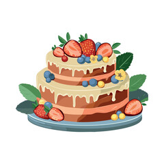 Two-tiered cake decorated with strawberries, blueberries and mint leaves on a plate.