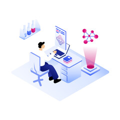 Quantum Computing Research Isometric scientist examining a glowing cube with graphs. Atmosphere is focused, futuristic. Perfect for quantum technology, science visuals