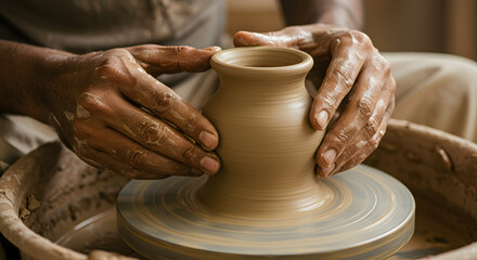 A skilled artisan shaping a clay pot on a pottery wheel in a cozy studio, with natural light illuminating the workspace
