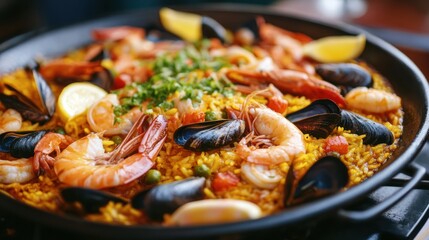 Delicious seafood paella, a vibrant spanish rice dish served in a large pan
