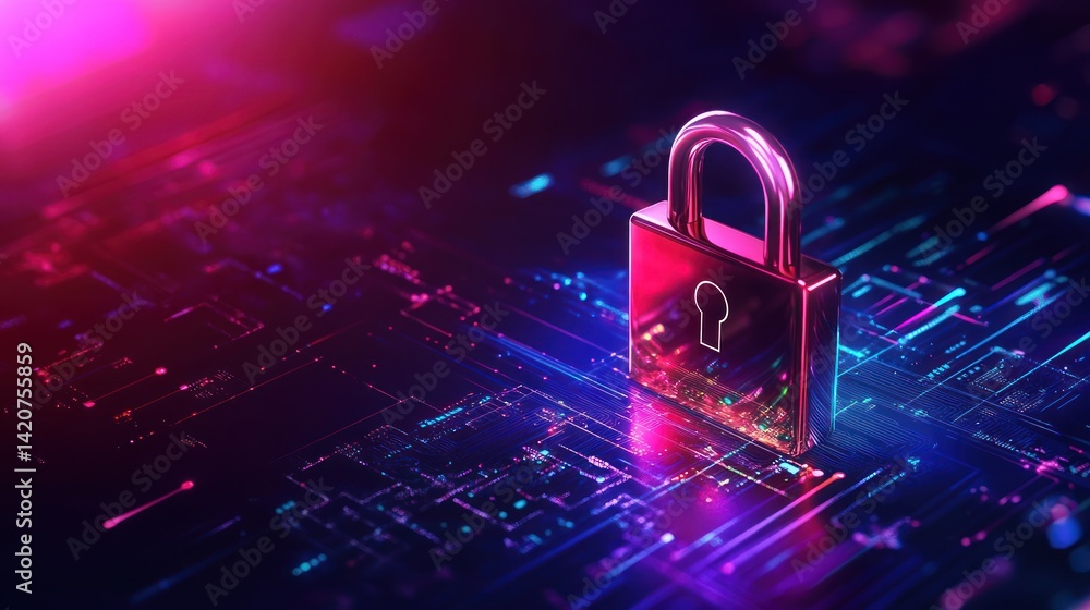 Poster digital age cybersecurity illustrated with a lock and circuit board texture