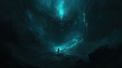 Contemplation in the Abyss: A lone figure faces cosmic enigma in depths