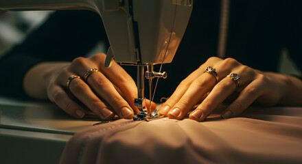 Obraz premium Close-up of hands sewing delicate fabric on a sewing machine, with soft lighting highlighting craftsmanship and focus