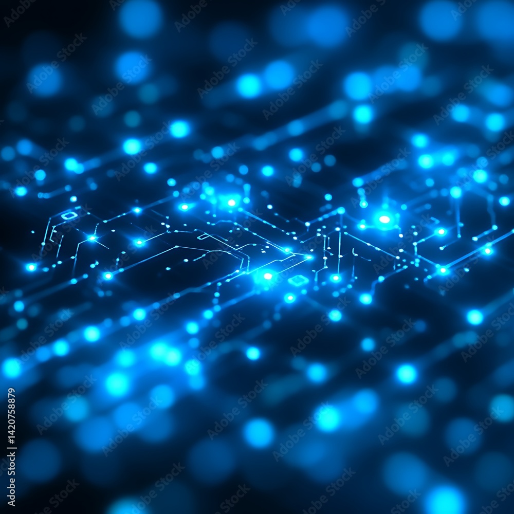 Aufkleber abstract circuit board with glowing blue lights. complex network of interconnected pathways