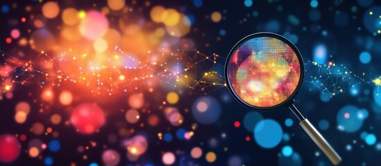 Analyzing interconnected data through magnifying glass with bokeh lights background