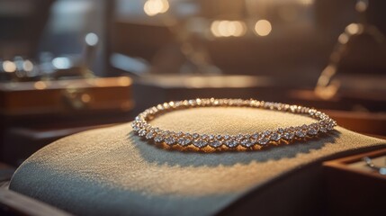 Elegant diamond necklace displayed in jewelry store with warm lighting