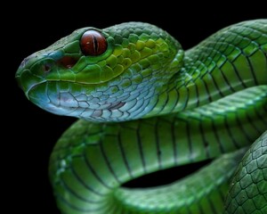 Close-up A vibrant green pit viper, likely a Trimeresurus popeiorum, coils gracefully on a branch. Its red eyes stand out against its emerald scales, Indonesia