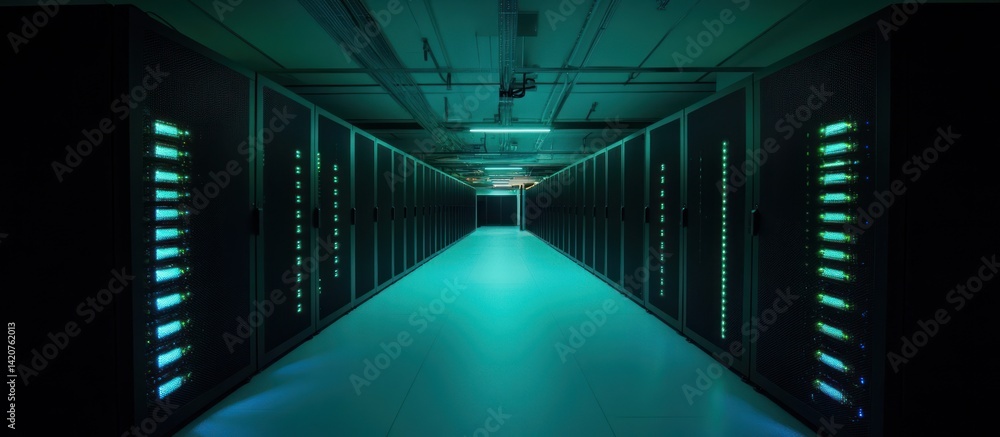 Poster a mesmerizing view of data servers in a futuristic server room environment
