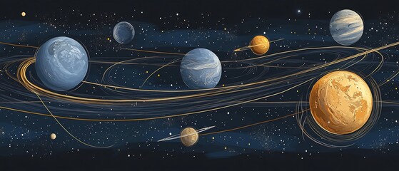 circular orbit diagram made with glass like planets and golden lines on dark matte