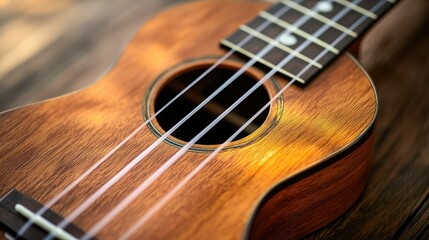 A traditional ukulele with nylon strings, close-up on the fretboard and soundhole, natural wood texture.
