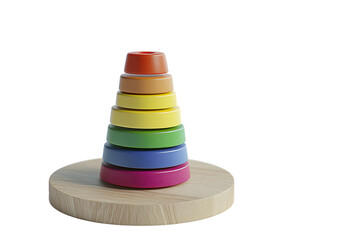 Rainbow Stacking Rings: Wooden Base, Isolated White Background, Educational Toy.