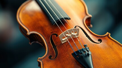Fototapeta premium A beautiful wooden violin with its bow resting on top, the delicate curves and f-holes visible, soft, diffused light.