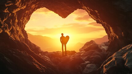 Silhouette of person standing in heart-shaped cave opening at sunset, holding heart-shaped object.