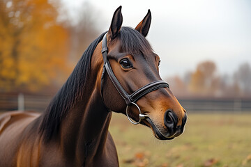 Fototapeta premium A horse with a bridle standing in an autumn field