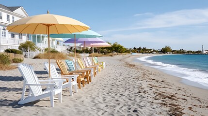 Serene Beach Scene in Florida with Pastel Umbrellas and Calm Waves