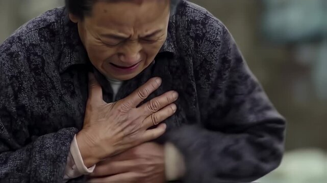 A woman is overcome with emotion, tears streaming down her face as she clutches at her throat in apparent distress, conveying deep sadness.