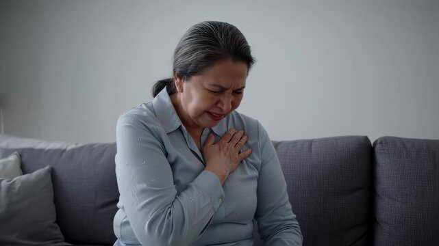 Mature woman experiencing chest pain on couch. Possibly heart-related issues, anxiety or stress. Immediate medical attention advised. Risk of heart attack.