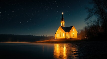 A church at night, illuminated by soft exterior lighting, casting long shadows, a peaceful and serene scene under the stars.
