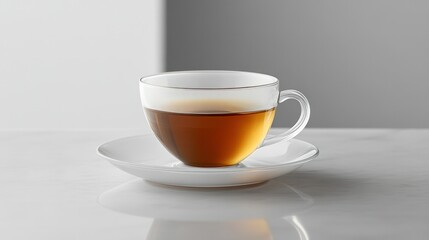 A single cup of perfectly brewed pour-over coffee on a clean white saucer, minimalist setting, subtle reflections on the glossy surface.