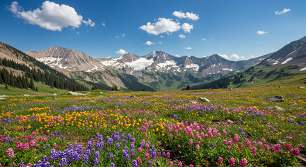Obraz premium A sweeping mountain landscape blanketed in colorful wildflowers under a clear spring sky, vibrant and enchanting scenery