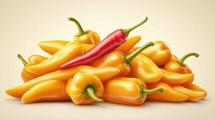 A pile of vibrant yellow bell peppers, with a single red chili pepper placed on top for contrast, clean and simple composition.