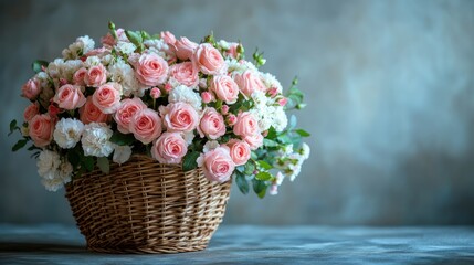 A heartwarming flower basket filled with pink and white roses, symbolizing love and appreciation, arranged with care, a gentle and romantic touch.