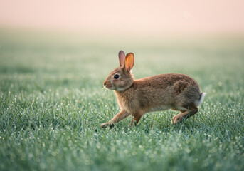 Obraz premium A rabbit running through tall green grass in a sunny field on a bright spring day.