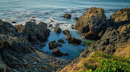 Fototapeta premium Seascape with rocks, algae, plants, pebbles, and blue-green water, clear ocean