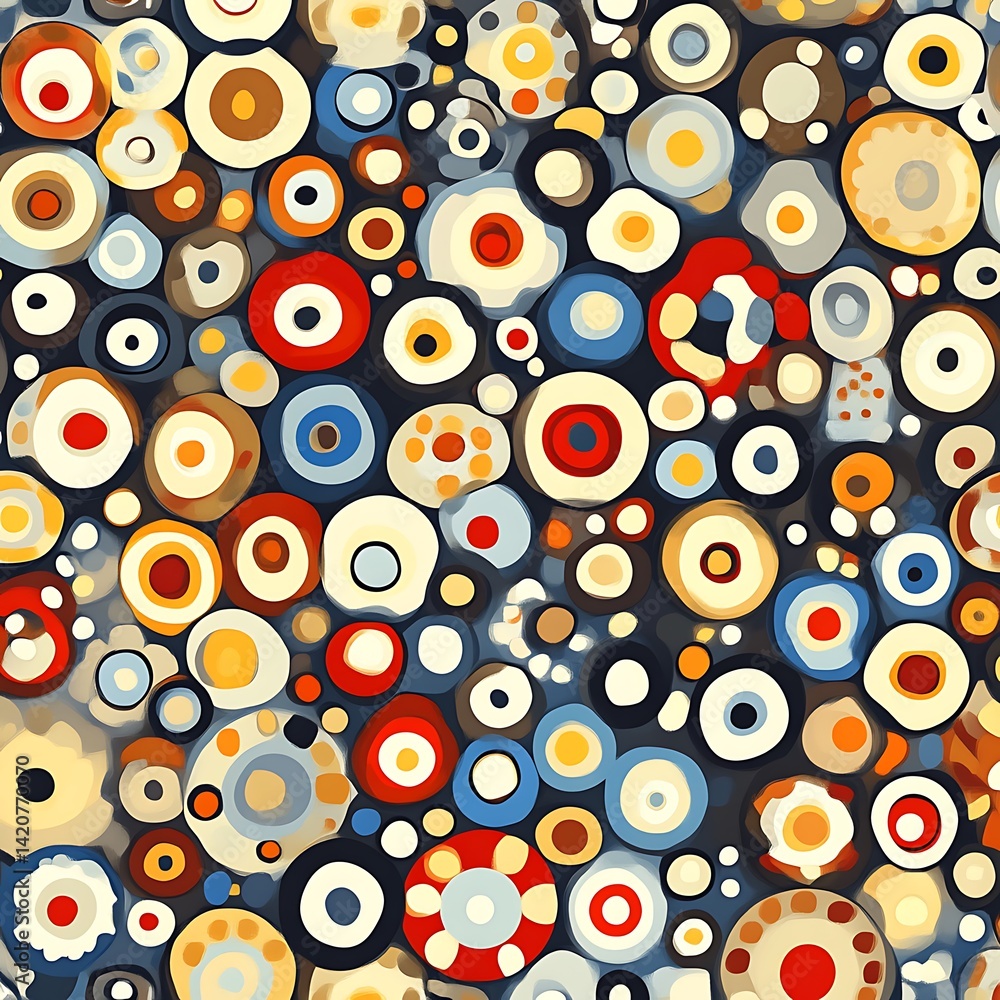 Poster vibrant circular pattern. dense cluster of colorful circles in various sizes and shades, creating a 