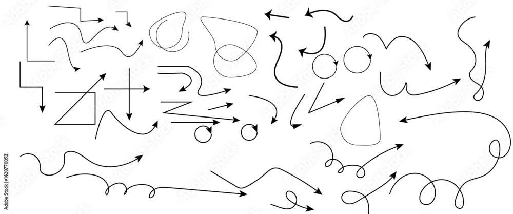 Poster hand drawn arrows, highlight, text underline strokes and emphasis marks. set of sketches of arrows, 