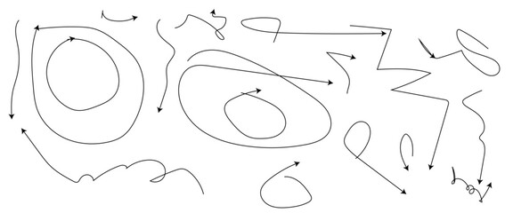 Hand drawn arrows, highlight, text underline strokes and emphasis marks. Set of Sketches of arrows, ellipse, rectangle, oval and mark. Collection of vector